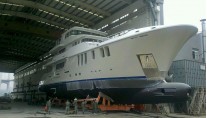 Nordhavn 120 Yacht Aurora being taken out of the shed for test tank